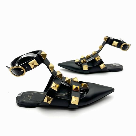 VALENTINO Roman Rockstud Black Gold Cage Flat 38.5 Pointed Toe Leather Gladiator - Picture 8 of 15